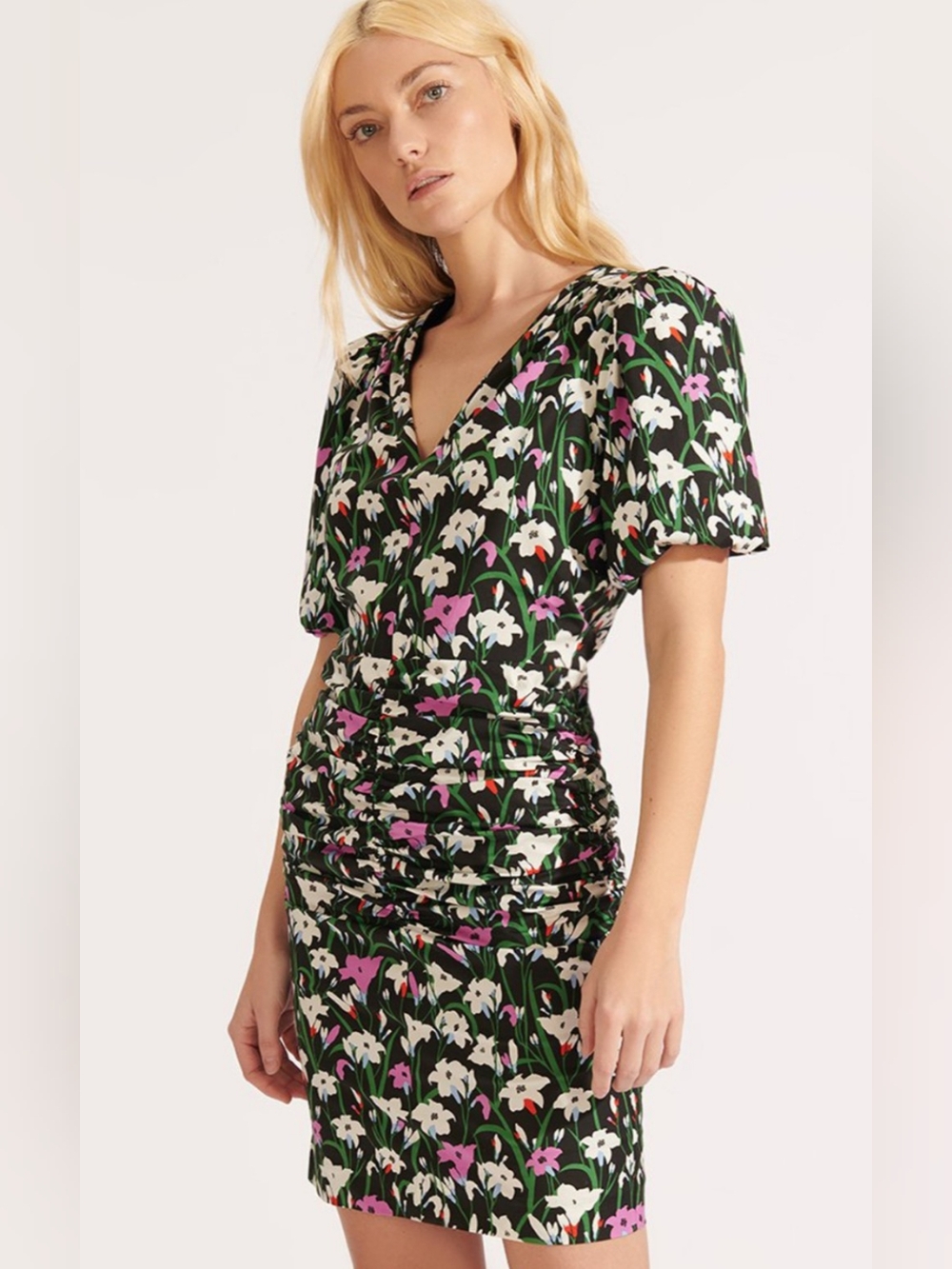 Veronica Beard Janis Black Floral Ruched Puff Sleeve Dress Size 2